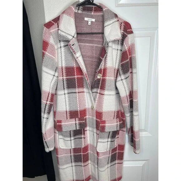 Maurices Plaid Academia Style Long Jacket Coat Red Ivory Open Front M - Picture 7 of 8